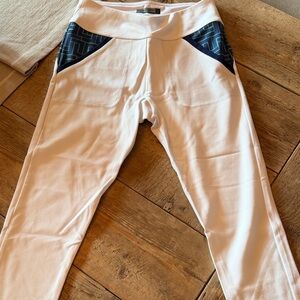 InPhorm White Leggings with Navy/green Geometric Pocket Panels